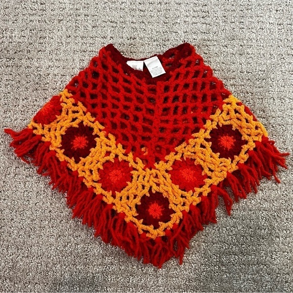 Koala Kids Orange Yellow Crochet Baby Fringed Poncho Festival Hippie 70s Fall - Picture 1 of 7